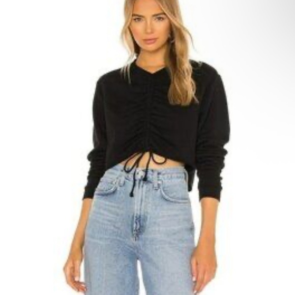 Revolve H Ours cropped black sweatshirt ruched front tie crewneck medium - Picture 1 of 8